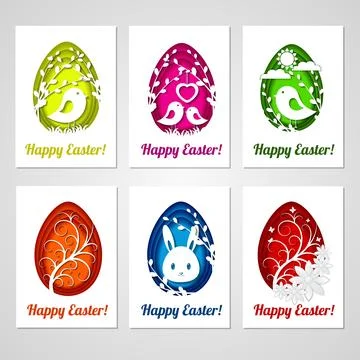 Set of Easter cards with colorful eggs in paper cutting style on gray backg.. Illustrazione stock