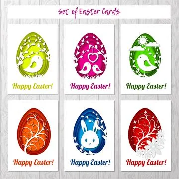 Set of Easter cards with colorful eggs in paper cutting style on gray backgro Stock Illustration