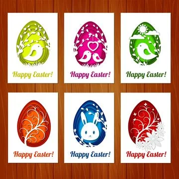 Set of Easter cards with colorful eggs in paper cutting style on wooden backg Illustrazione stock