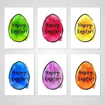 Set of Easter cards with colorful eggs on gray background. Imitation of wat.. Illustrazione stock