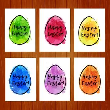 Set of Easter cards with colorful eggs on wooden background. Imitation of wat Stock Illustration