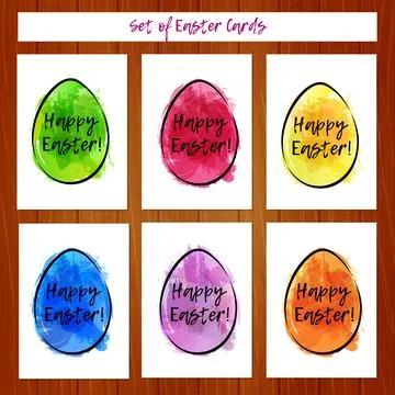 Set of Easter cards with colorful eggs on wooden background. Imitation of wat Stock Illustration