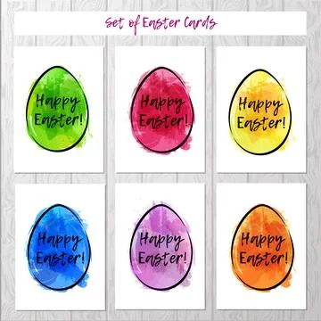 Set of Easter cards with colorful eggs on gray background. Imitation of water Illustrazione stock