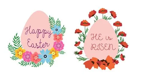 A set of Easter cards with an egg, bunny and flowers. The inscriptions read.. Stock Illustration
