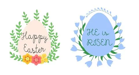 A set of Easter cards with an egg, bunny and flowers. The inscriptions read.. Stock Illustration