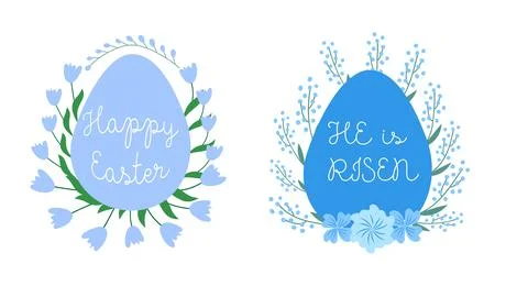 A set of Easter cards with an egg, bunny and flowers. The inscriptions read.. Stock Illustration