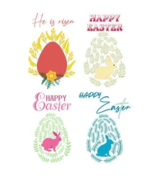 A set of Easter cards with an egg, bunny and flowers. The inscriptions read H Stock Illustration