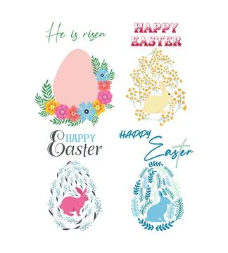 A set of Easter cards with an egg, bunny and flowers. The inscriptions read H Stock Illustration