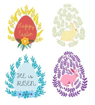 A set of Easter cards with an egg, bunny and flowers. The inscriptions read H Stock Illustration