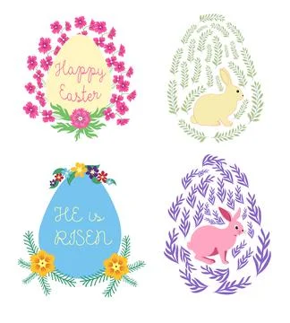 A set of Easter cards with an egg, bunny and flowers. The inscriptions read H 스톡 일러스트