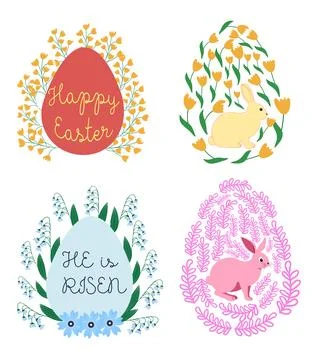 A set of Easter cards with an egg, bunny and flowers. The inscriptions read.. Stock Illustration