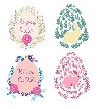 A set of Easter cards with an egg, bunny and flowers. The inscriptions read H Stock Illustration