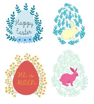 A set of Easter cards with an egg, bunny and flowers. The inscriptions read.. 스톡 일러스트