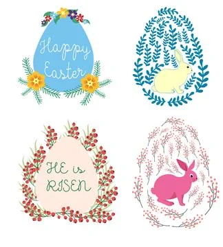 A set of Easter cards with an egg, bunny and flowers. The inscriptions read.. Stock Illustration