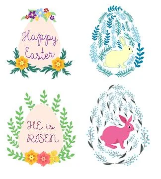 A set of Easter cards with an egg, bunny and flowers. The inscriptions read H Stock Illustration