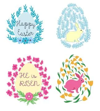 A set of Easter cards with an egg, bunny and flowers. The inscriptions read H Stock Illustration