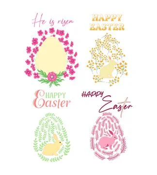 A set of Easter cards with an egg, bunny and flowers. The inscriptions read H Stock Illustration
