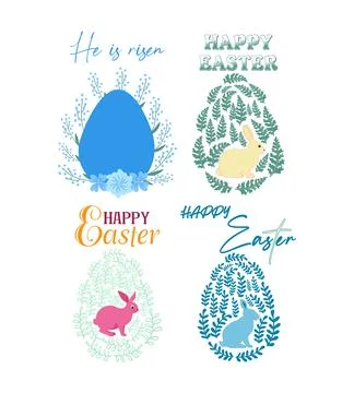 A set of Easter cards with an egg, bunny and flowers. The inscriptions read.. Stock Illustration