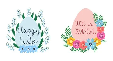 A set of Easter cards with an egg, bunny and flowers. The inscriptions read.. Stock Illustration