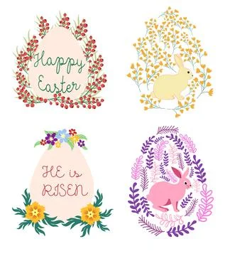 A set of Easter cards with an egg, bunny and flowers. The inscriptions read H Stock Illustration