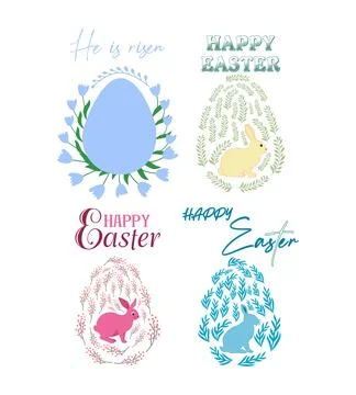 A set of Easter cards with an egg, bunny and flowers. The inscriptions read H Stock Illustration