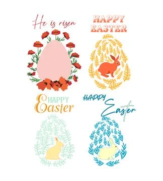 A set of Easter cards with an egg, bunny and flowers. The inscriptions read H 스톡 일러스트