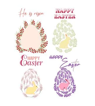 A set of Easter cards with an egg, bunny and flowers. The inscriptions read H Stock Illustration