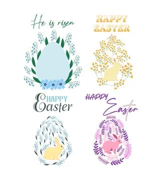 A set of Easter cards with an egg, bunny and flowers. The inscriptions read H Stock Illustration