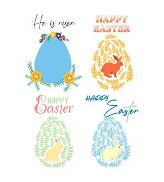 A set of Easter cards with an egg, bunny and flowers. The inscriptions read.. Stock Illustration