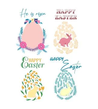 A set of Easter cards with an egg, bunny and flowers. The inscriptions read H Stock Illustration
