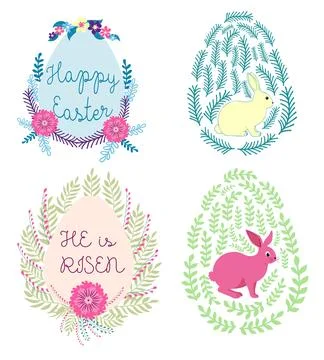A set of Easter cards with an egg, bunny and flowers. The inscriptions read.. Stock Illustration