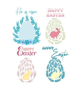 A set of Easter cards with an egg, bunny and flowers. The inscriptions read H Stock Illustration