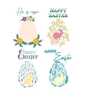 A set of Easter cards with an egg, bunny and flowers. The inscriptions read H Stock Illustration