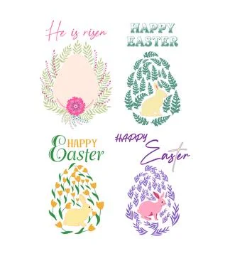 A set of Easter cards with an egg, bunny and flowers. The inscriptions read H Stock Illustration
