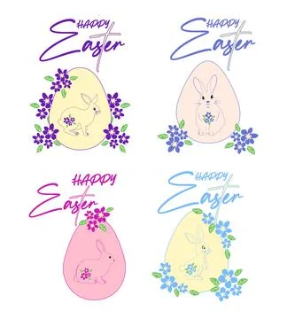 A set of Easter cards with an egg, bunny and flowers. The inscriptions read H Stock Illustration