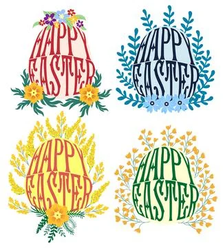 A set of Easter cards with an egg, bunny and flowers. The inscriptions read.. Stock Illustration