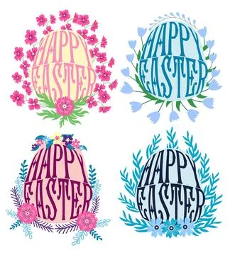 A set of Easter cards with an egg, bunny and flowers. The inscriptions read H Stock Illustration