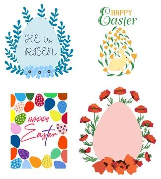 A set of Easter cards with an egg, bunny and flowers. The inscriptions read H Stock Illustration