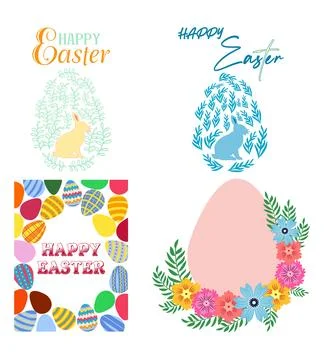 A set of Easter cards with an egg, bunny and flowers. The inscriptions read.. Stock Illustration