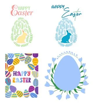 A set of Easter cards with an egg, bunny and flowers. The inscriptions read.. Stock Illustration