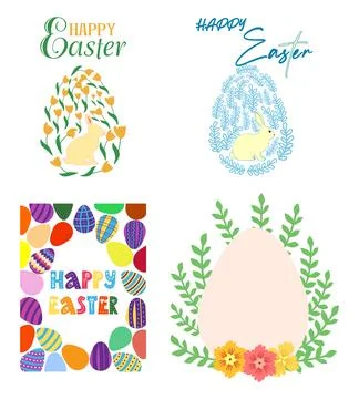 A set of Easter cards with an egg, bunny and flowers. The inscriptions read H Stock Illustration