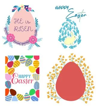 A set of Easter cards with an egg, bunny and flowers. The inscriptions read H Stock Illustration