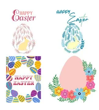 A set of Easter cards with an egg, bunny and flowers. The inscriptions read.. Stock Illustration