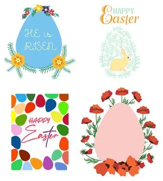A set of Easter cards with an egg, bunny and flowers. The inscriptions read H Stock Illustration