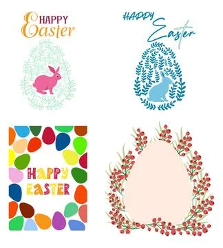 A set of Easter cards with an egg, bunny and flowers. The inscriptions read H Stock Illustration