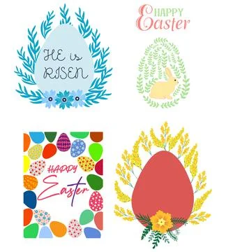 A set of Easter cards with an egg, bunny and flowers. The inscriptions read.. Stock Illustration