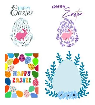 A set of Easter cards with an egg, bunny and flowers. The inscriptions read.. 스톡 일러스트