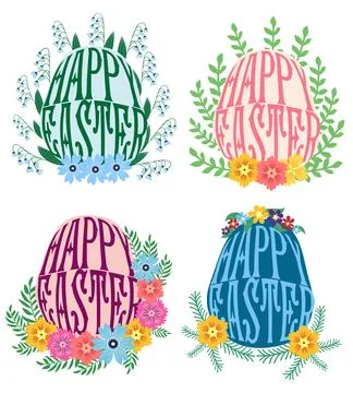 A set of Easter cards with an egg, bunny and flowers. The inscriptions read H Stock Illustration