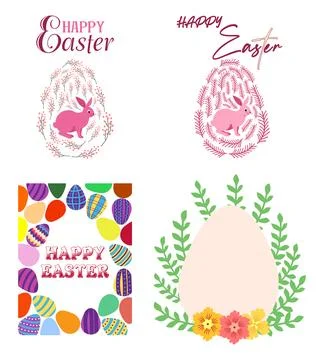 A set of Easter cards with an egg, bunny and flowers. The inscriptions read.. Stock Illustration