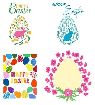 A set of Easter cards with an egg, bunny and flowers. The inscriptions read.. Stock Illustration